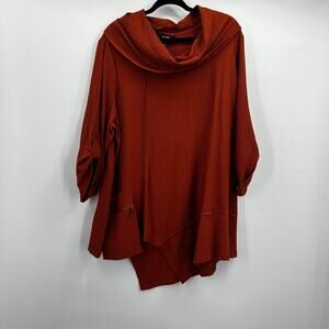 Ali Miles Tunic Top Womens 1X Orange Brown Seersucker Boxy Art Fall Cowl Rust